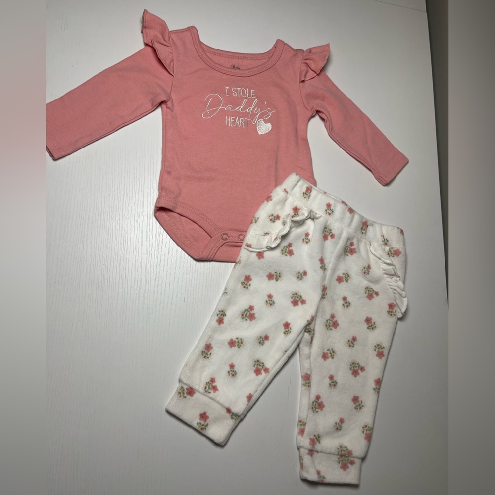 Baby Essentials Pink Ruffle Onesie and Floral Pants Set